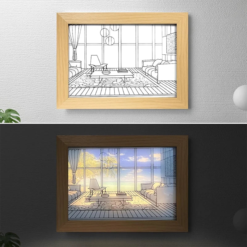 LED 3D Light Painting Wooden Table Lamp